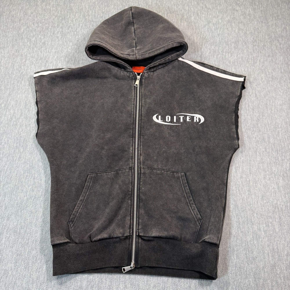 Loiter Hoodie Men Small Black Acid Wash Sleeveless Full Zip Streetwear Graphic